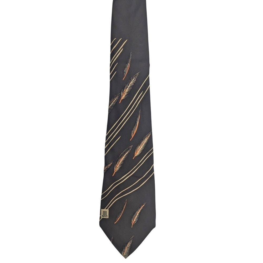 Vintage Lanvin Paris 70s Silk Dark Brown Tie Feather Geometric Pattern France